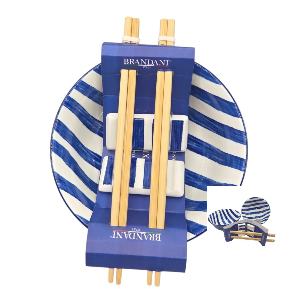 Brandani Italy Sushi Experience 8pc Porcelain Ramen Noodle Bowl Set Blue Striped